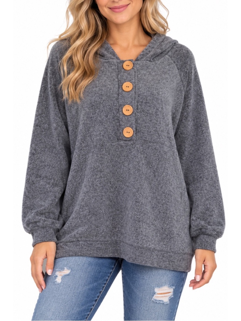 BiBi Women's Cozy Gray Hooded Knit Top- Large NWT
